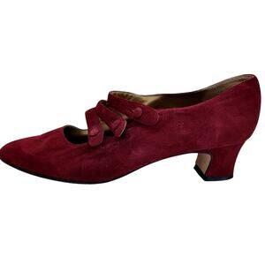 Sesto Meucci Italy Maroon Suede 3 Strap Block Heel Mary Janes 40s Pinup Look